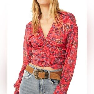 Free People Red Floral Got You Ruched V-Neck Top